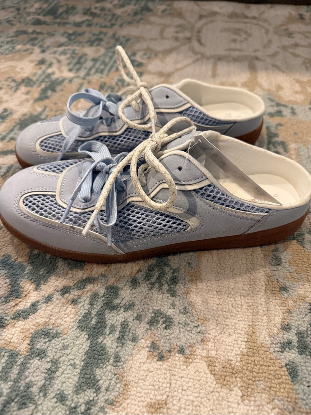 Time and Tru Light Blue Mesh Lace-Up Mule Sneakers with Brown Sole